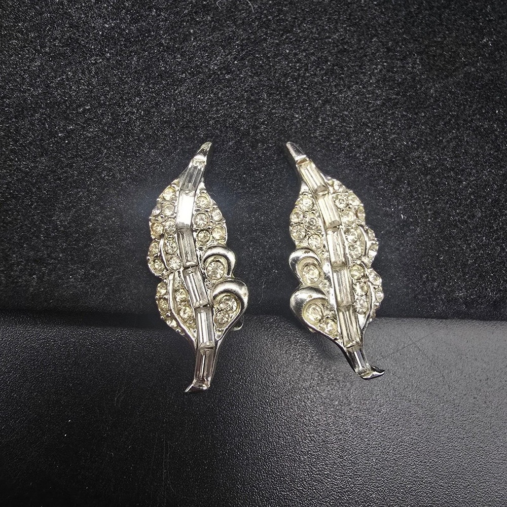 Rhinestone Leaf Clip On Earrings Silver Tone Vintage Clip On Earrings